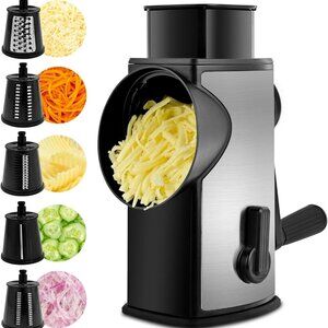 Rotary Cheese Grater with Handle Vegetable Slicer with 5 Interchangeable Blades